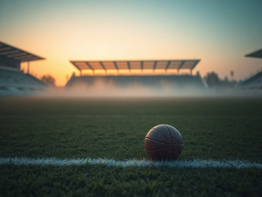 Puste boisko piłkarskie o świcie we mgle, pojedyncza piłka na środku, spokojna, senna atmosfera sprzyjająca interpretacji snu.