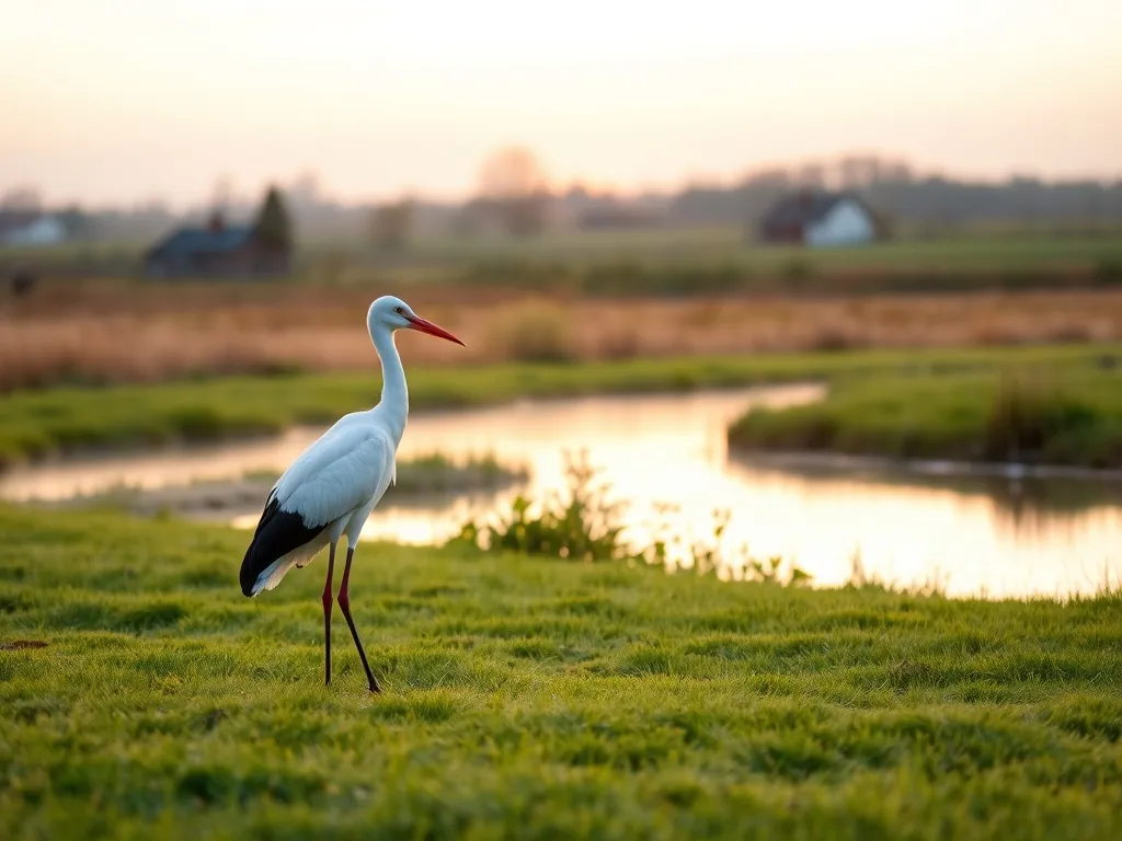Bocian o świcie nad stawem na spokojnej wsi, we mgle i ciepłym świetle poranka, podkreślający senny, symboliczny nastrój.