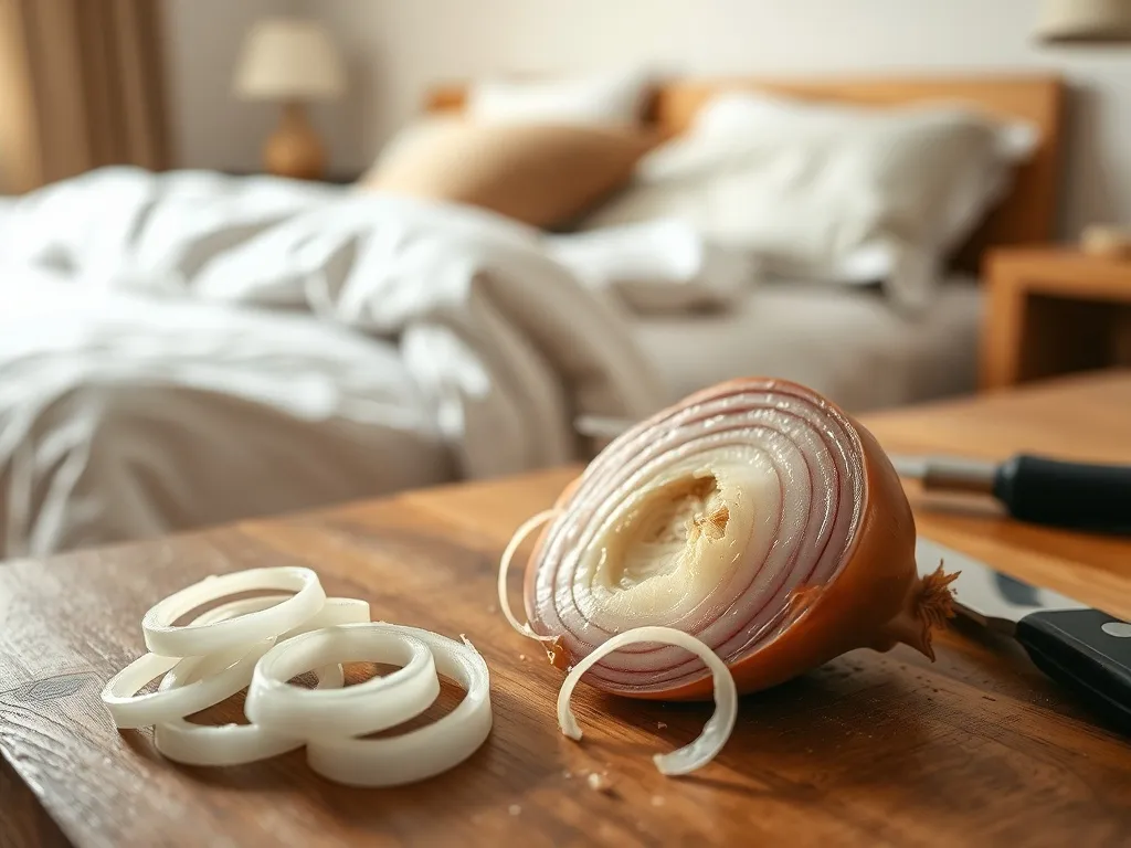 Świeżo pokrojona cebula na stole kuchennym na tle sypialni, symbolizująca znaczenie snów o cebuli.