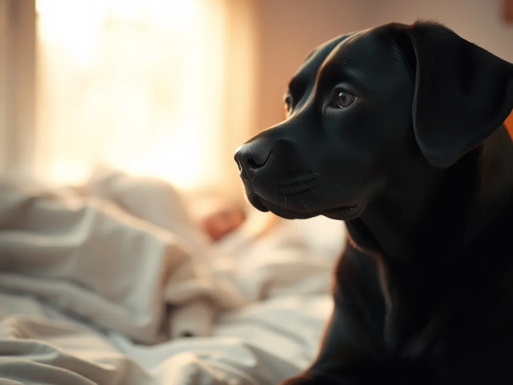 Spokojny czarny pies na łóżku w miękkim świetle poranka, senny nastrój i śpiąca sylwetka w tle nawiązują do znaczenia snu.