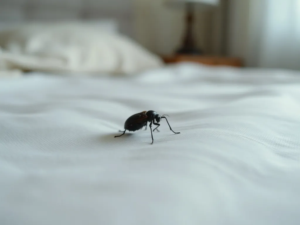 Mały czarny robak na jasnej pościeli w sypialni, symbolizujący niepokój i ukryte lęki we śnie.
