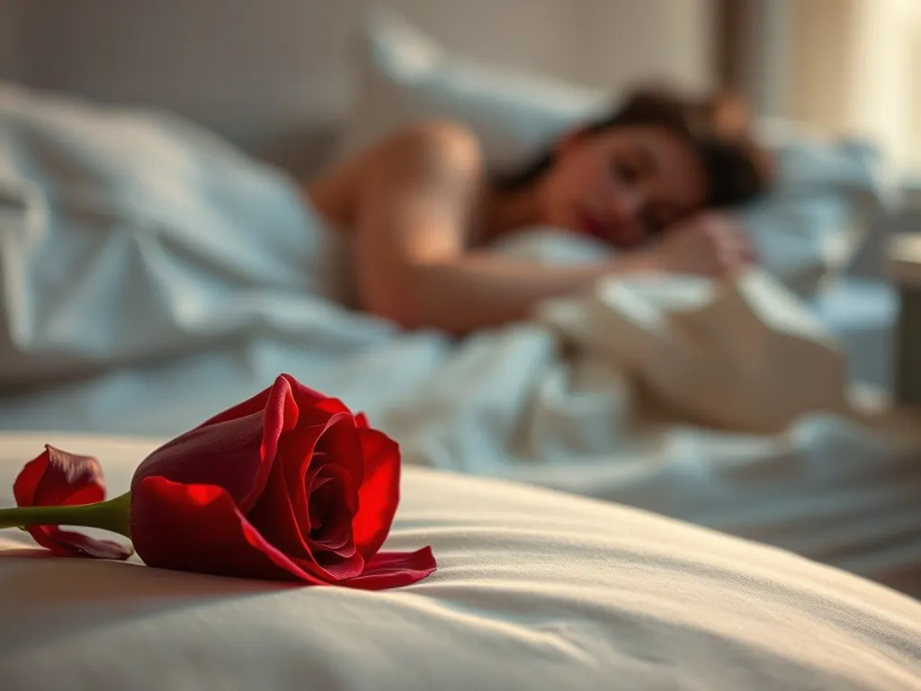 Czerwona róża na białej poduszce przy śpiącej osobie, romantyczna i tajemnicza atmosfera snu o miłości.