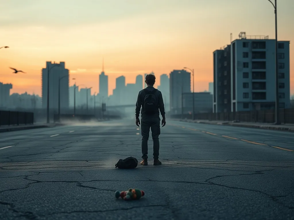 Osamotlona postać na opustoszałej ulicy o świcie, w zniszczonym mieście, budząca skojarzenia z apokalipsą zombie.