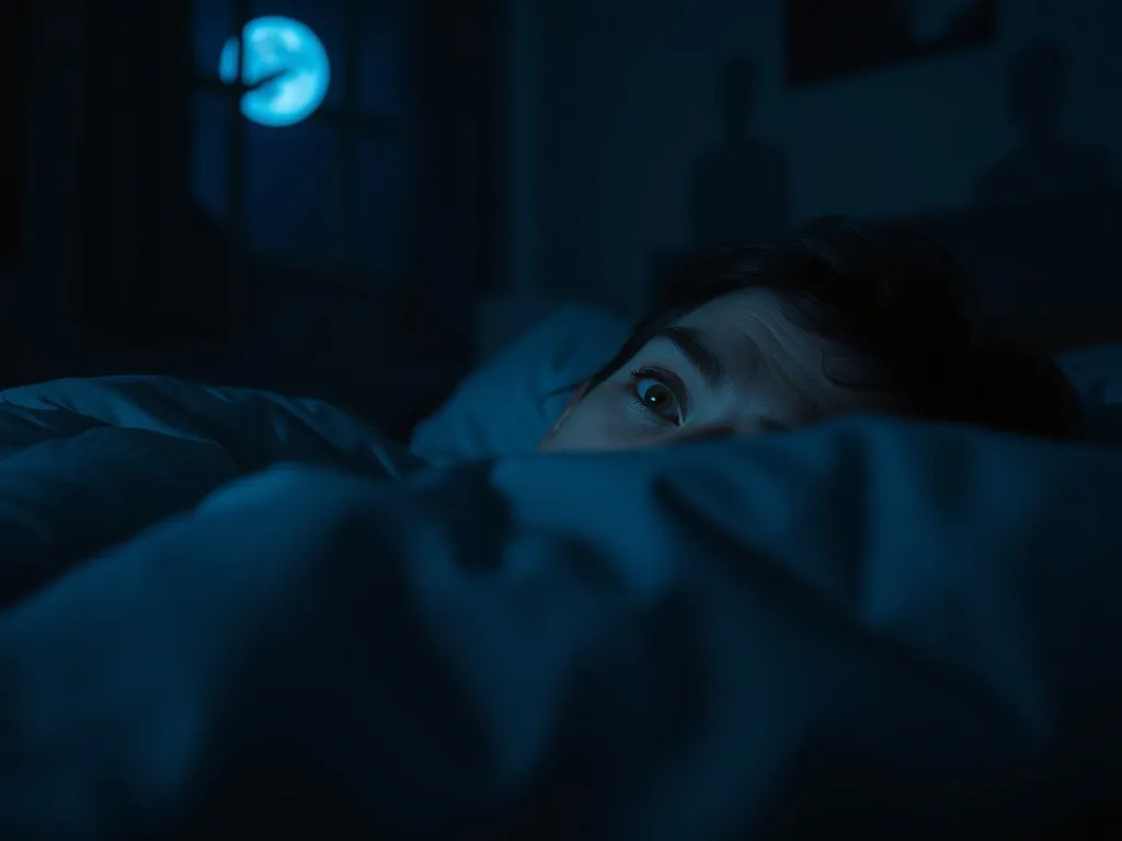 Osoba leżąca w łóżku nocą, z szeroko otwartymi, zaniepokojonymi oczami, oddająca sen o lęku i zagrożeniu.
