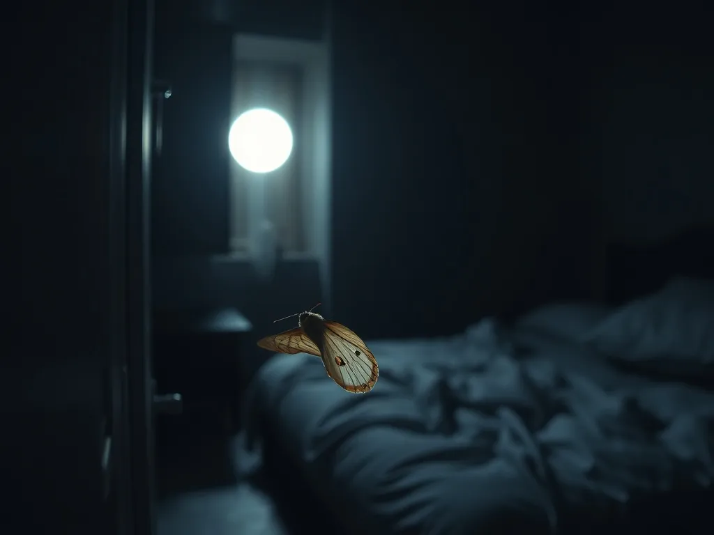 Ćma siedząca nocą na uchylonym oknie sypialni, w miękkim księżycowym świetle, podkreślająca tajemniczą, senną atmosferę.