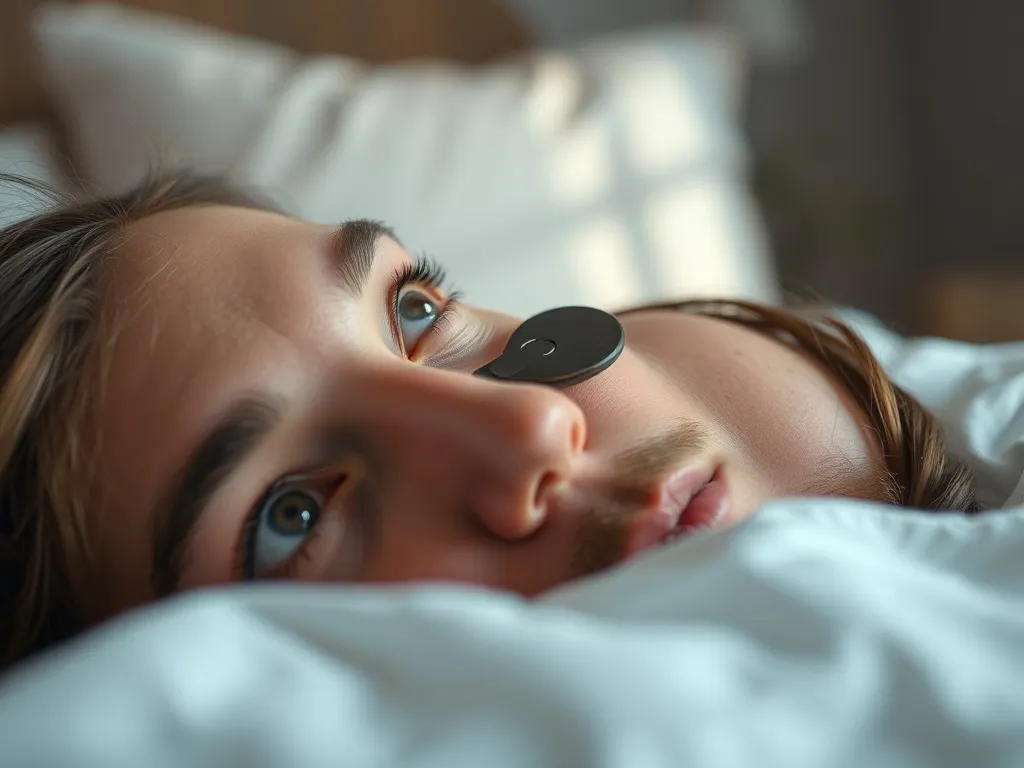 Osoba leżąca spokojnie w łóżku o poranku, zamyślona, z ledwo widocznym odbiciem w tle, nastrój senny i introspekcyjny