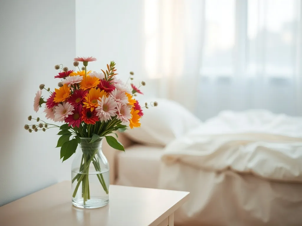 Poranny bukiet kolorowych kwiatów przy łóżku, symbolizujący znaczenie snu i spokojną, senną atmosferę sypialni.