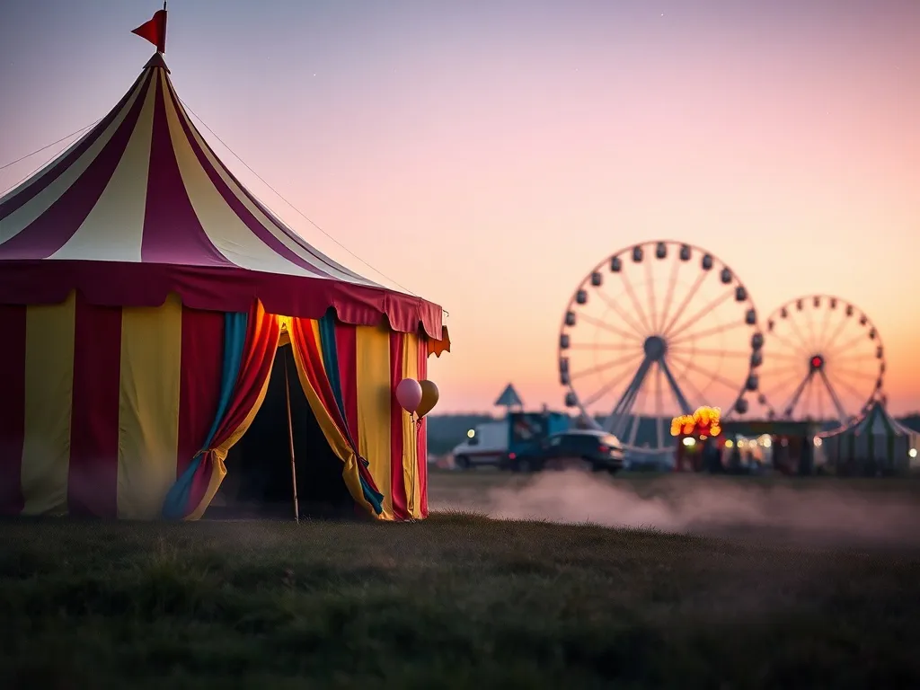 Namiot cyrkowy o zmierzchu w pastelowym świetle, senny klimat zapowiadający symboliczne znaczenie cyrku w snach