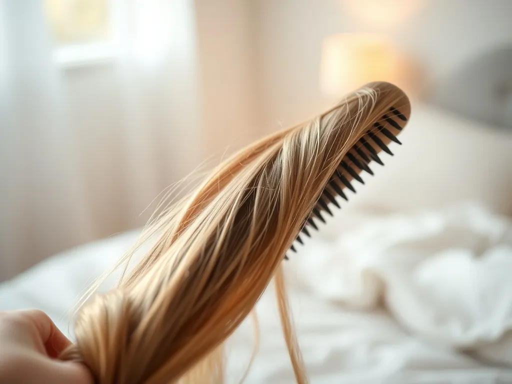 Delikatne czesanie długich, lśniących włosów w przytulnej, sennie oświetlonej sypialni, spokojna i marzycielska atmosfera