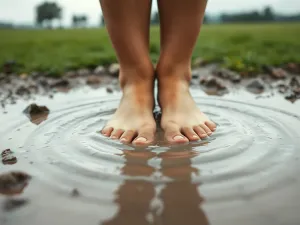 Gołe stopy zanurzone w miękkim błocie na tle zielonej łąki, spokojna, naturalna sceneria sprzyjająca refleksji nad snem