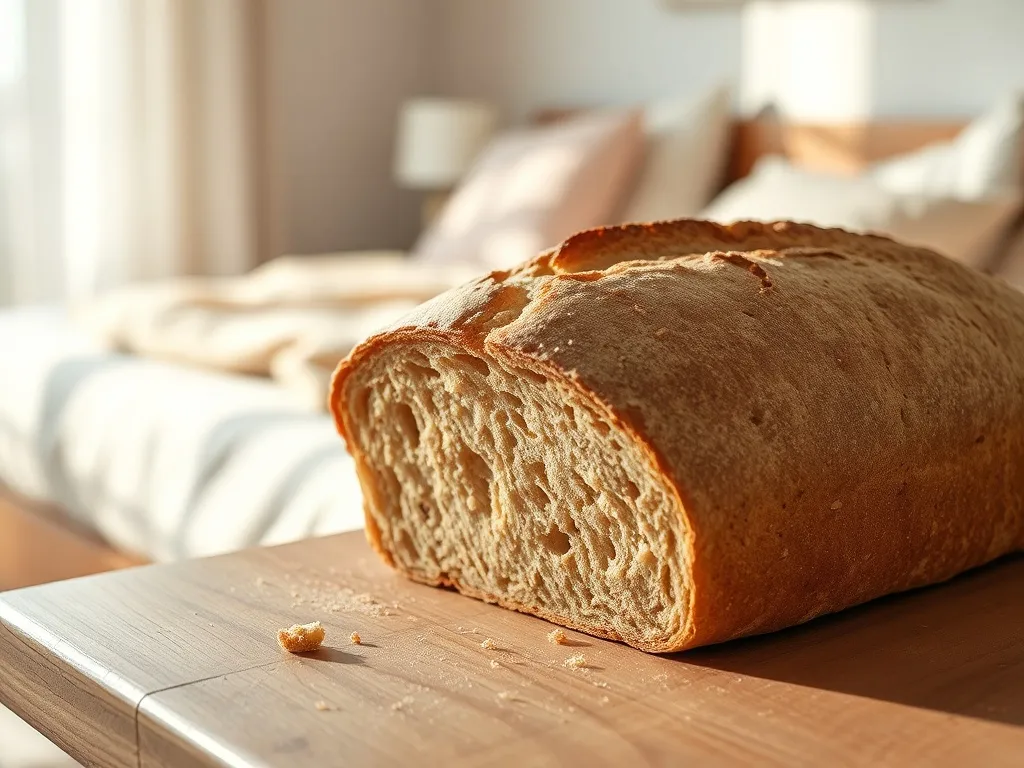 Kromka świeżego chleba na drewnianym stole, w tle przytulna sypialnia tworząca senną, spokojną atmosferę.