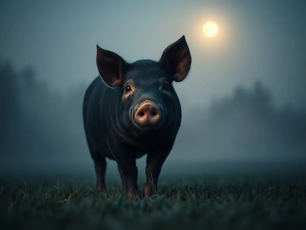 Spokojna czarna świnia w świetle księżyca na tle mglistego, nocnego pejzażu, tworząca tajemniczy, senny nastrój.