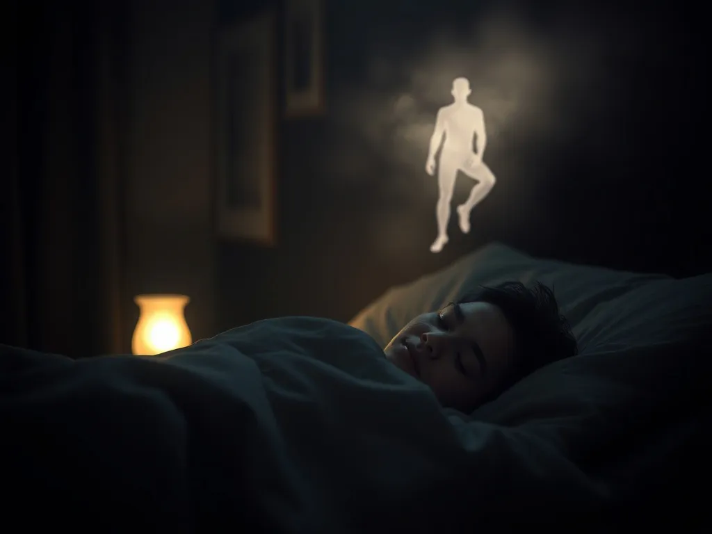 Osoba spokojnie śpiąca w łóżku, za którą unosi się mglista świetlista postać, symbolizująca sen i podświadomość.