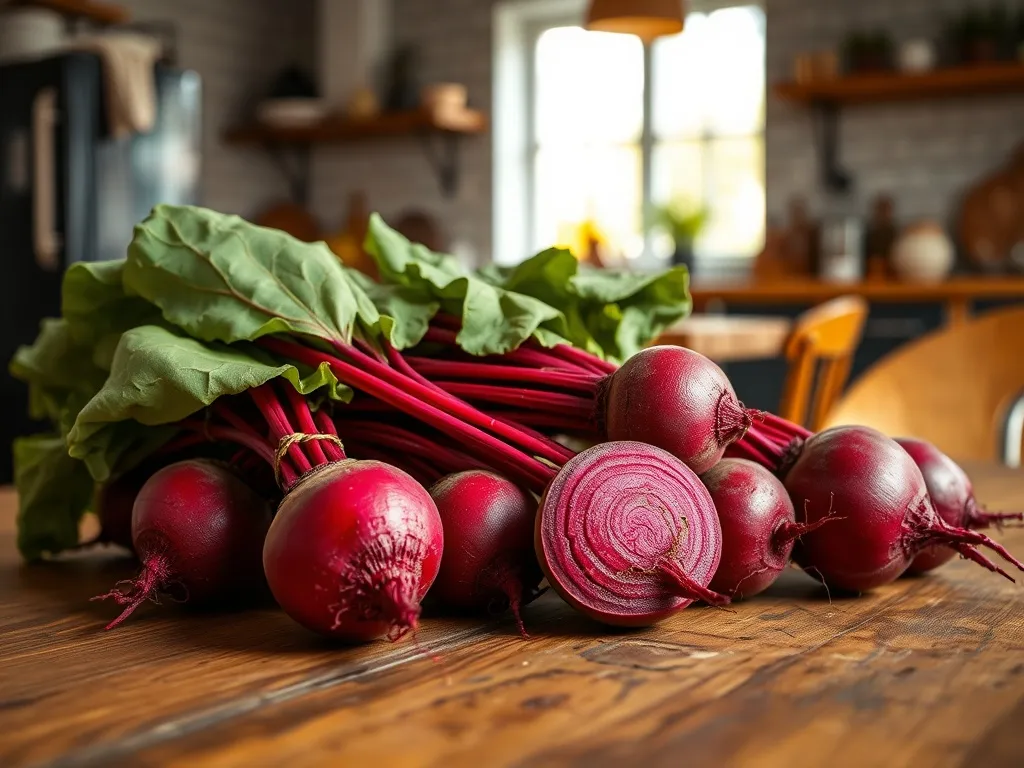 Świeże czerwone buraki z liśćmi na drewnianym stole, w tle rozmyta, przytulna kuchnia, nastrój spokoju i zadumy