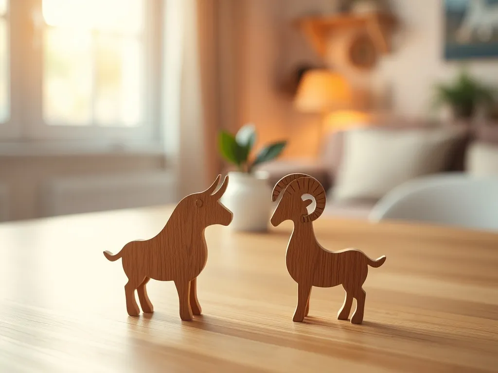 Minimalistyczne symbole Byka i Barana zwrócone ku sobie na drewnianym stole, w tle przytulne, rozmyte wnętrze.