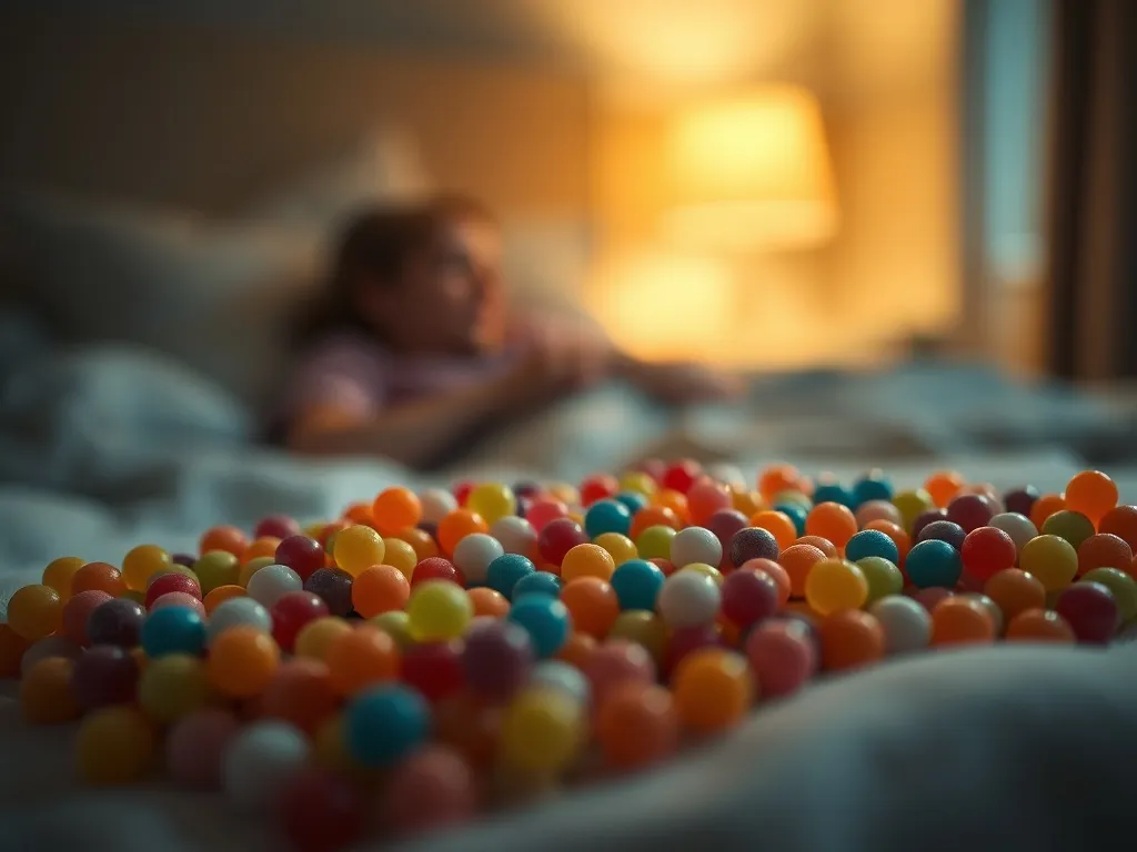 Kolorowe cukierki na poduszce w przytulnej, przyciemnionej sypialni symbolizują słodkie, spokojne sny i pragnienia.