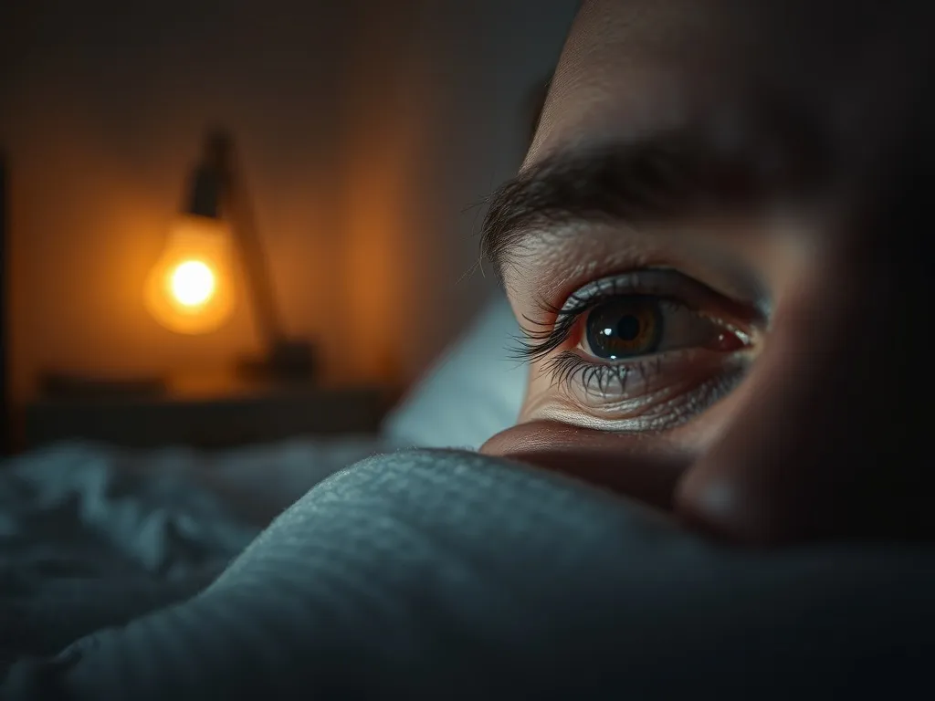 Zmęczone, zaczerwienione oko na poduszce w ciemnej sypialni, podkreślające niepokój i znaczenie snu o chorym oku.