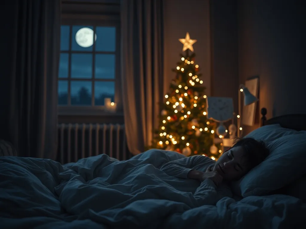 Osoba spokojnie śpi w sypialni oświetlonej księżycem, w tle cicho świeci choinka, podkreślając senny nastrój.