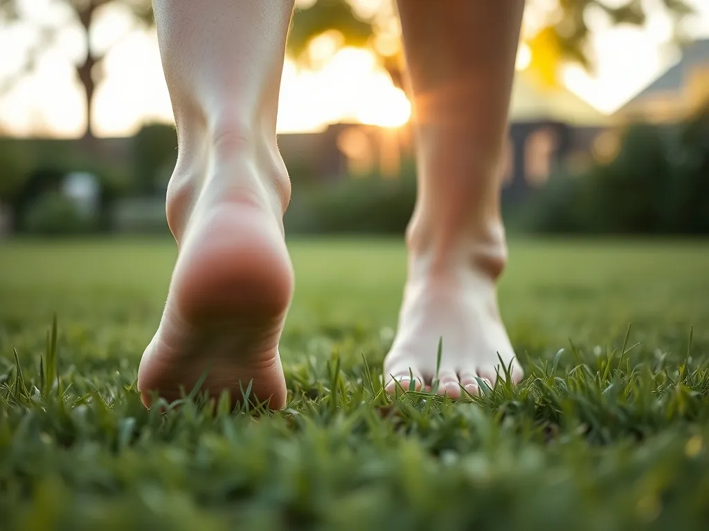 Bose stopy kroczące po miękkiej trawie o poranku, symbol swobody, naturalności i spokoju z sennika