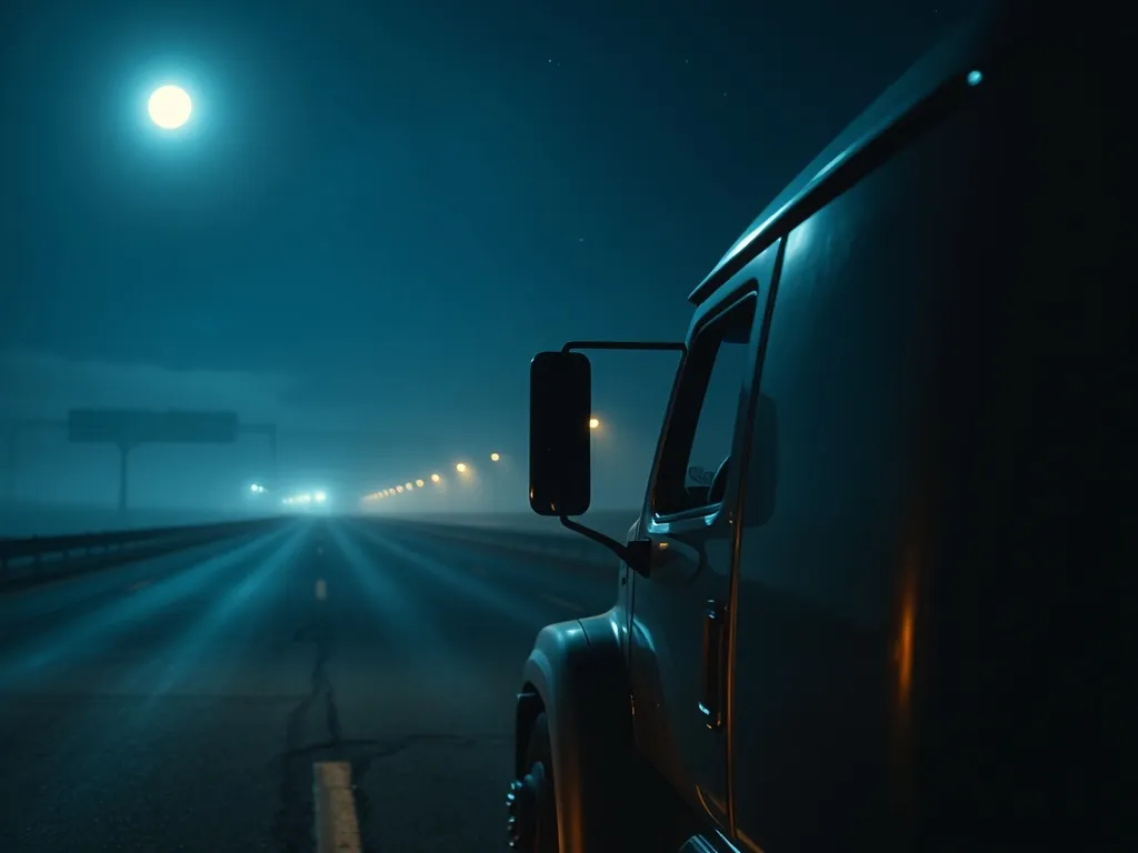 Samotna ciężarówka nocą przy pustej drodze, w chłodnym, sennym świetle księżyca i latarni, tworząca oniryczny nastrój.