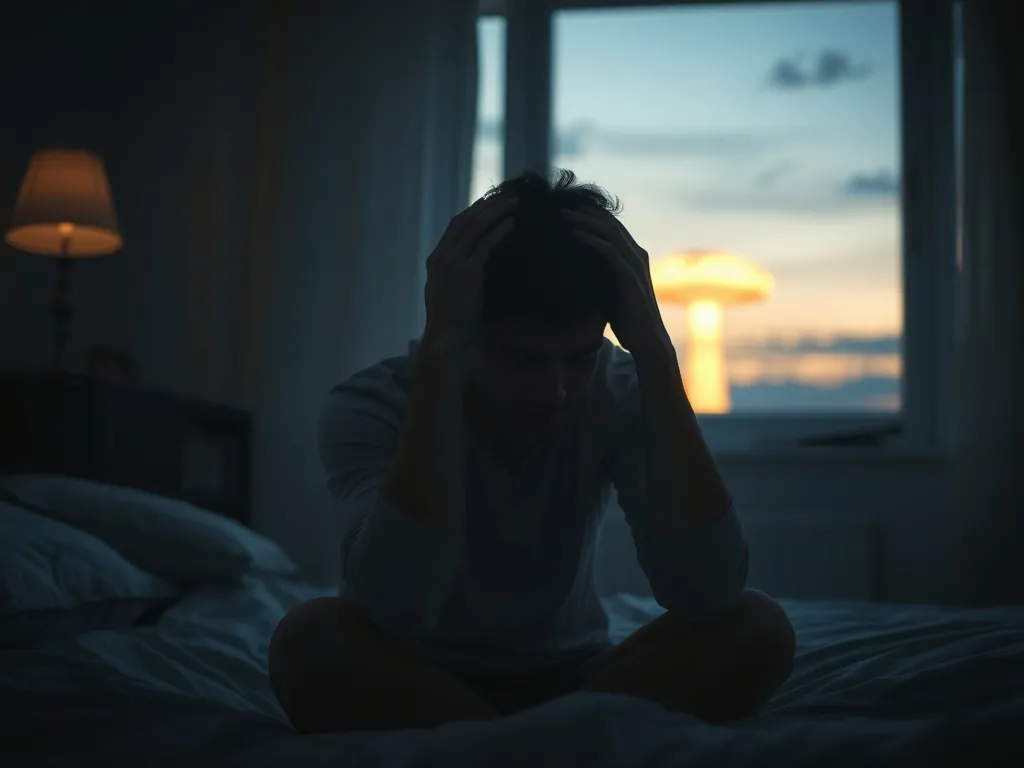 Zaniepokojona osoba po koszmarze siedzi na łóżku, w tle za oknem rozmyty grzyb atomowy na horyzoncie.