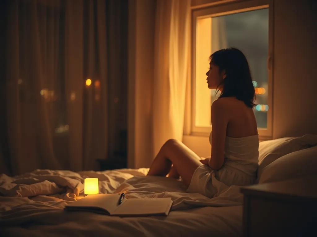 Zamyślona kobieta siedzi nocą na łóżku, w ciepło oświetlonej sypialni, rozmyślając o snach i dawnym związku.