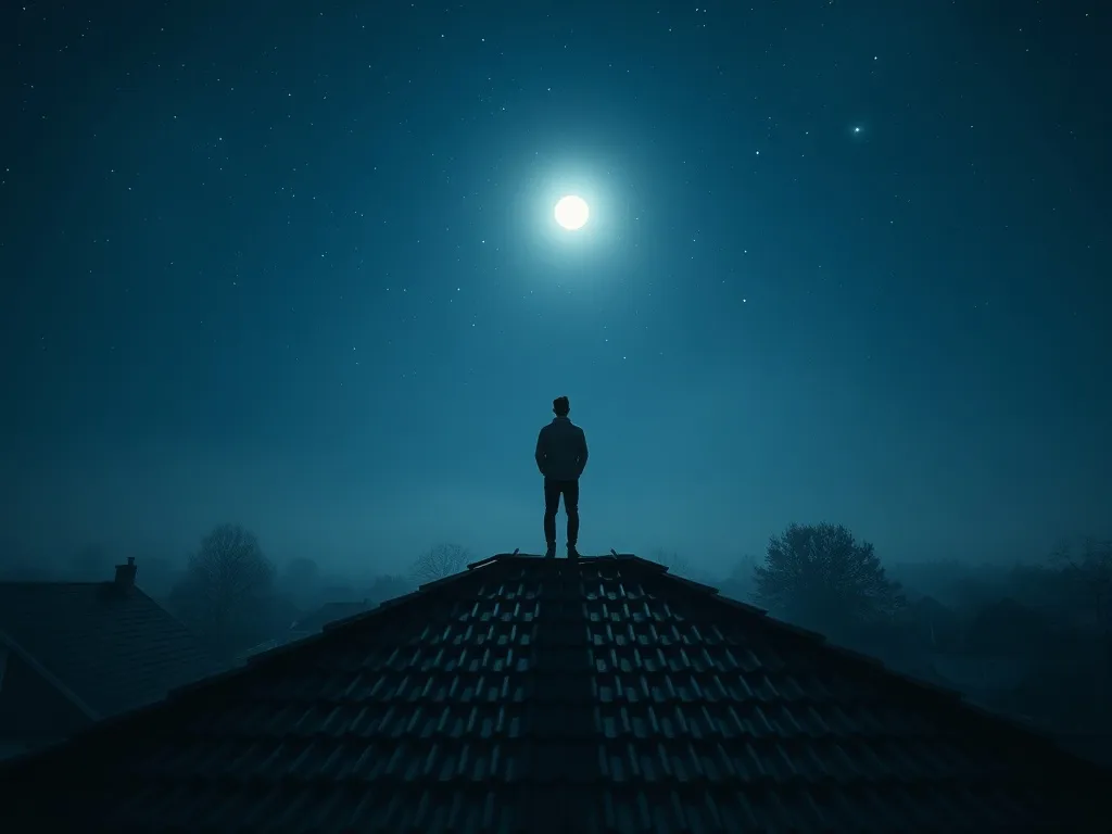Osoba stojąca na krawędzi dachu nocą, spogląda w gwiaździste niebo; spokojna, senna atmosfera i blask księżyca.