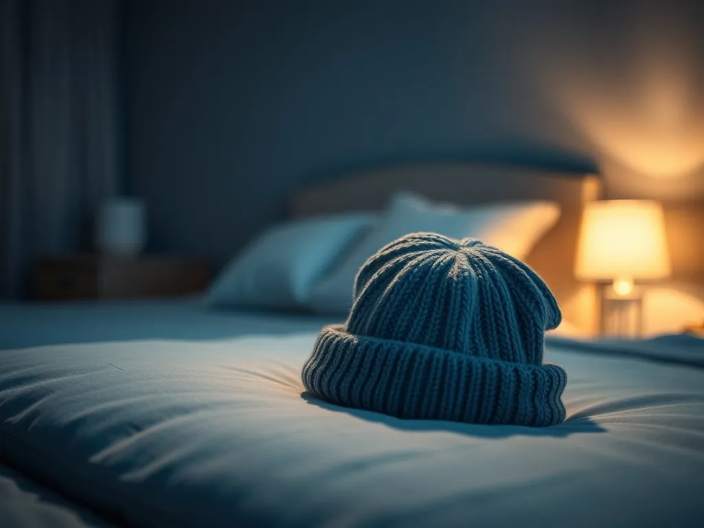 Wełniana czapka spoczywająca na poduszce w sypialni nocą, tworząca spokojny, senny nastrój