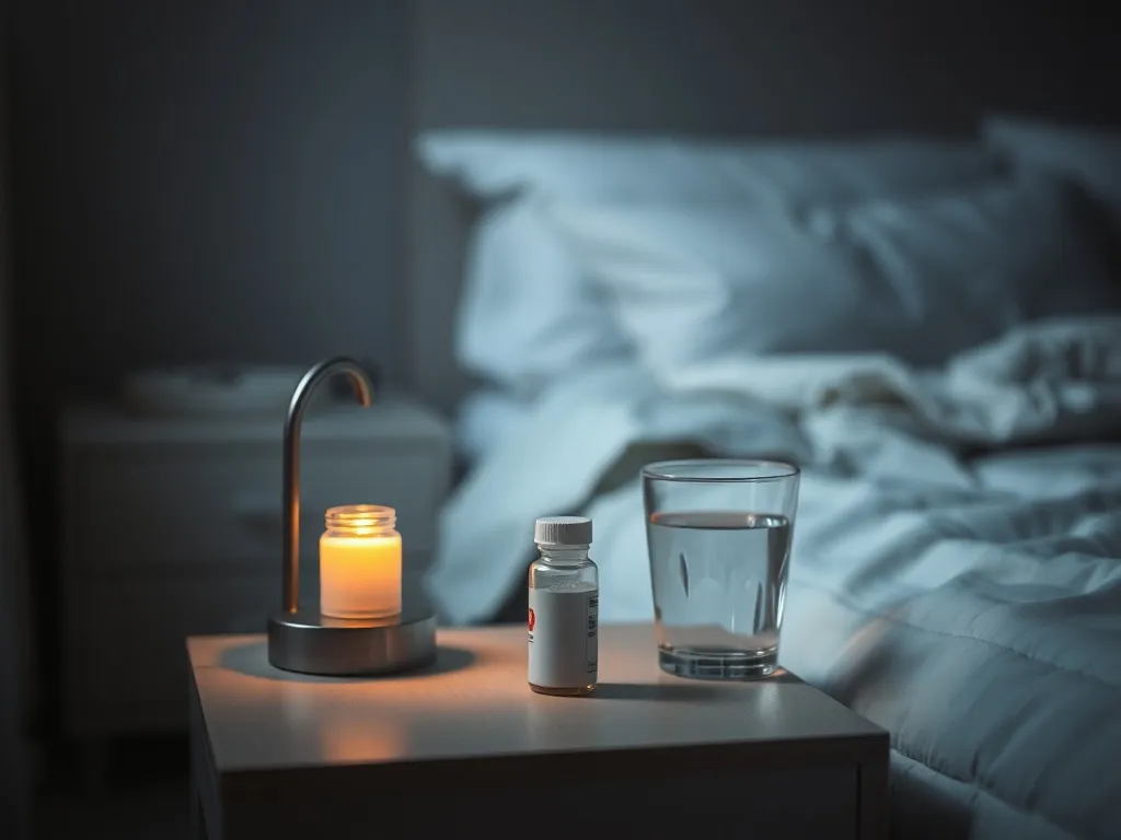 Butelka leków i szklanka wody na stoliku nocnym w ciepłym świetle lampki, z rozmytą, senną sypialnią w tle.