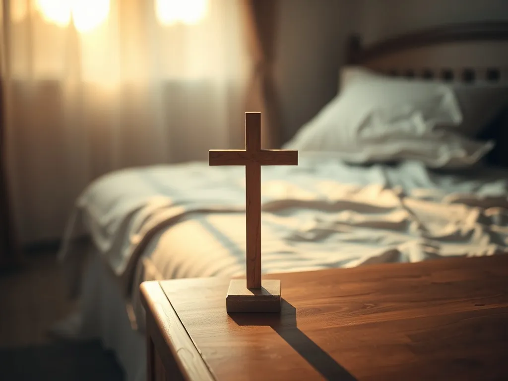 Drewniany krzyż na stoliku nocnym w ciepłym świetle wieczoru, symboliczny sen o wierze, spokoju i refleksji przed snem.