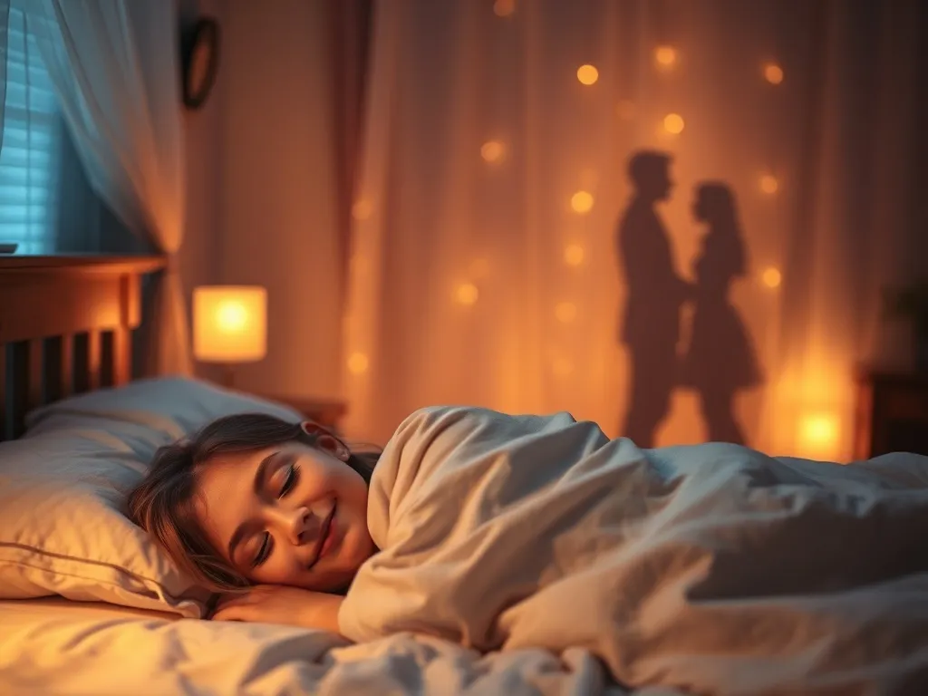 Osoba spokojnie śpiąca w łóżku, w tle rozmyte sylwetki sugerujące romantyczny flirt we śnie.