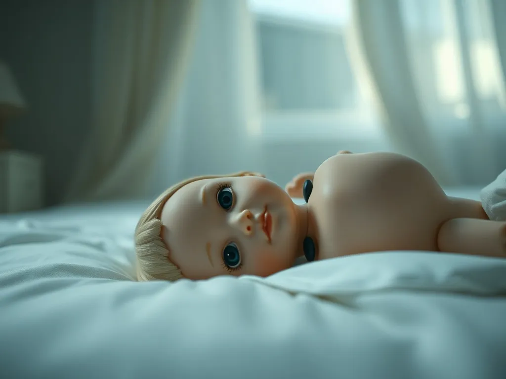 Porcelanowa lalka leżąca na białej poduszce w sypialni, w miękkim, sennym świetle, tworząca tajemniczą atmosferę snu.