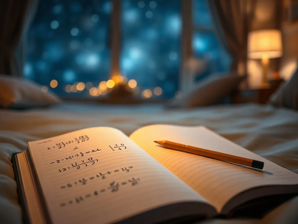 Zeszyt z prostymi równaniami matematycznymi w ciepłym, sennym świetle lampki, na tle gwiaździstej nocy za oknem.