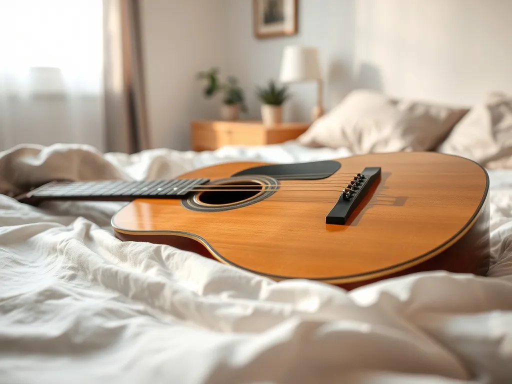 Gitara akustyczna leżąca na pogniecionej pościeli w porannym świetle, tworząca ciepły, senny nastrój w sypialni.