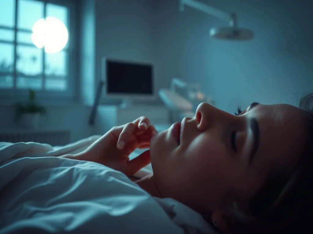 Zamyślona osoba w łóżku nocą dotyka policzka, w tle rozmyty gabinet dentystyczny, nawiązanie do snu o dentyście.
