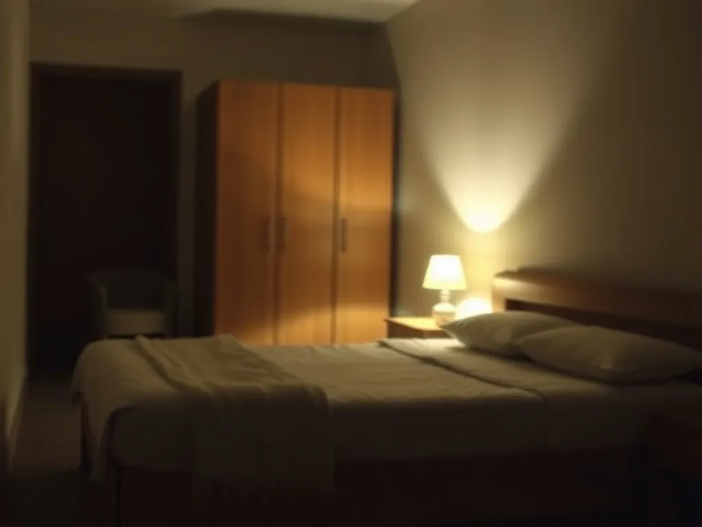 Przytulna sypialnia nocą z łóżkiem, szafą i krzesłem, tworząca spokojny, senny nastrój nawiązujący do znaczeń snu o meblach.