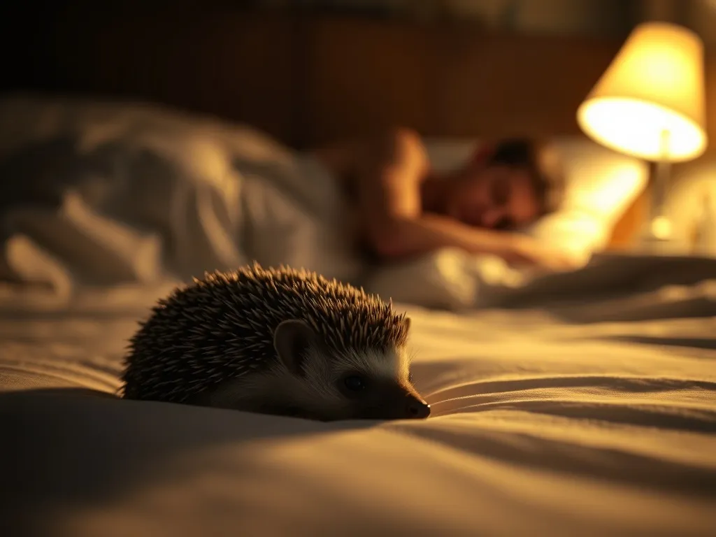 Jeż skulony w kłębek na białej pościeli obok śpiącej osoby, nocna, senna atmosfera i poczucie spokoju.