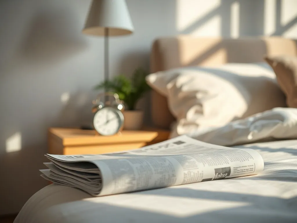 Złożona gazeta na stoliku nocnym przy budziku i lampce, w miękkim porannym świetle, tworząca spokojną, senną atmosferę.