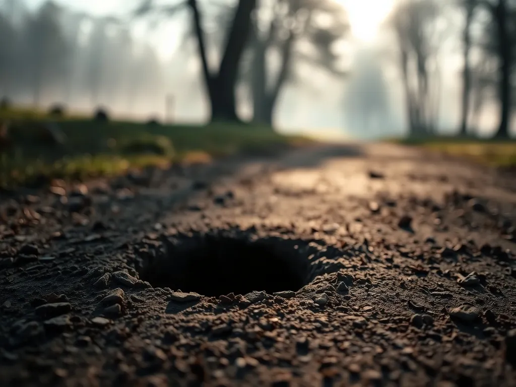 Ciemna dziura w ziemi na leśnej ścieżce o świcie, otoczona mgłą i drzewami, tworzy tajemniczą, senną atmosferę.
