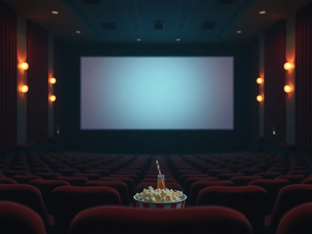 Przytulne wnętrze kina z pustą salą, wielkim ekranem i popcornem, oddające senną, oniryczną atmosferę snu o kinie.