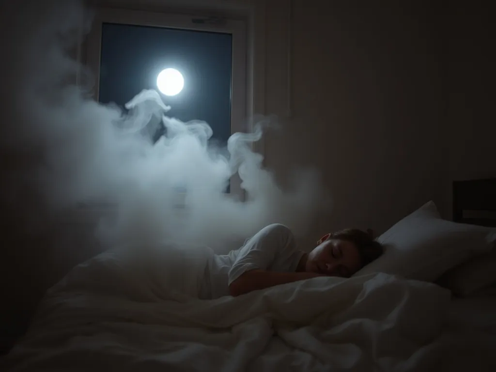 Osoba śpi spokojnie w sypialni, a za nią unoszący się biały dym tworzy tajemniczą, senną atmosferę.