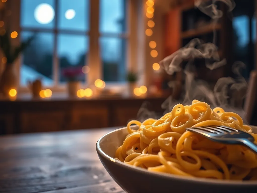 Miska parującego makaronu w przytulnej, nocnej kuchni, ciepłe światło i księżyc za oknem tworzą senną atmosferę.