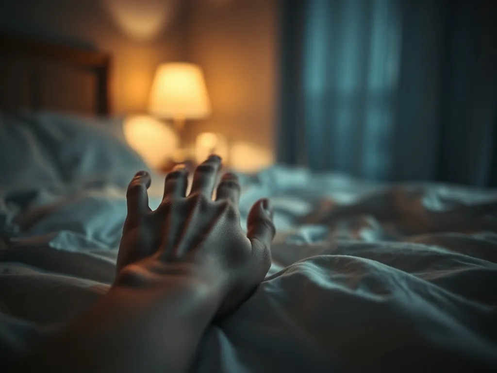 Blada dłoń z krwią na prześcieradle w nocnym półmroku, symbolizująca lęk i tajemnicę snu o krwawieniu.