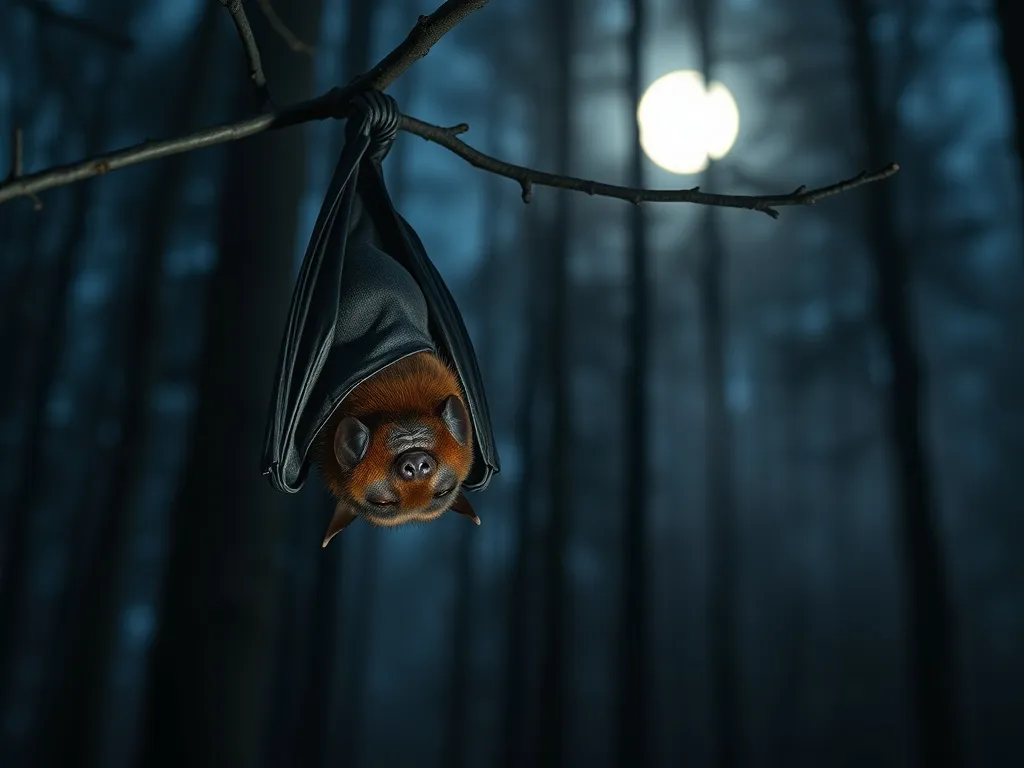 Śpiący do góry nogami nietoperz na gałęzi, na tle nocnego, zamglonego lasu, symbol snu i ukrytych znaczeń sennika.