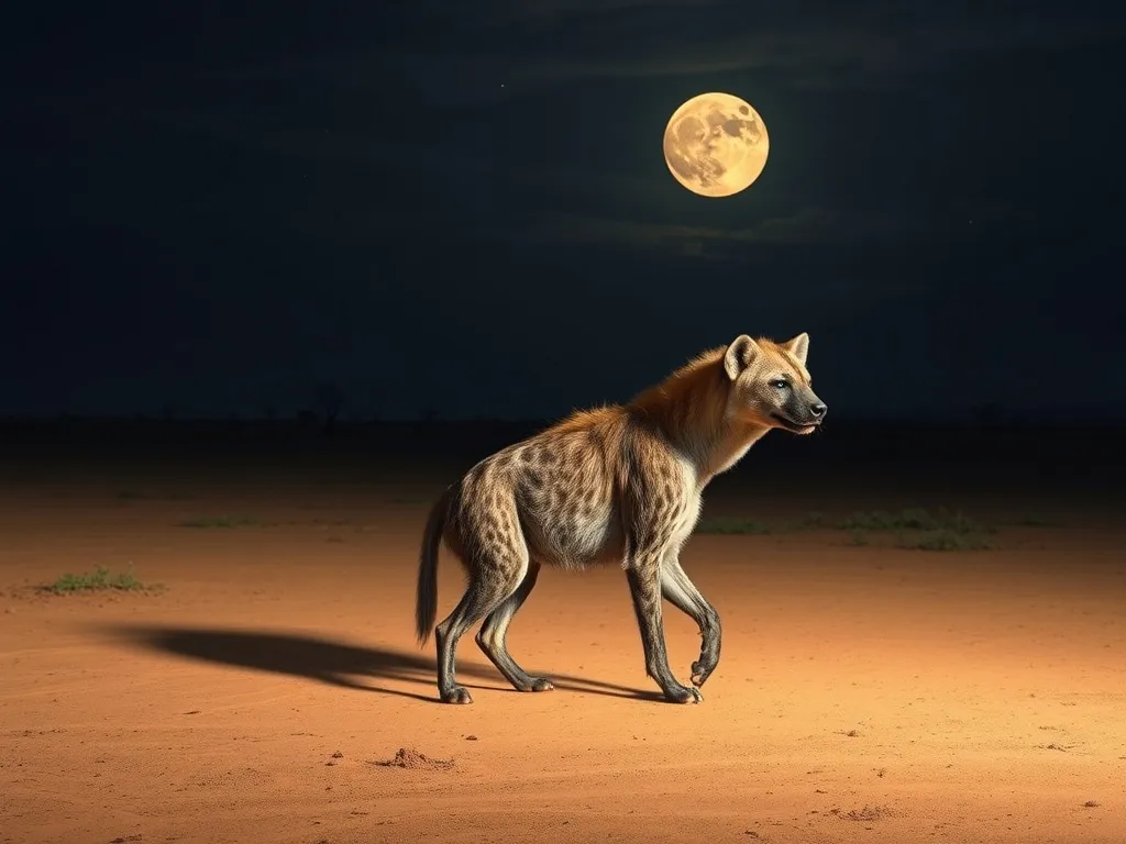 Hiena krocząca nocą po sawannie w blasku księżyca, tajemnicza atmosfera snu i ukrytych znaczeń