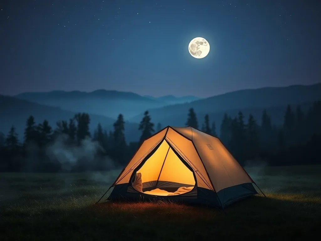 Namiot na nocnej łące w blasku księżyca, tworzący magiczną, spokojną i senną atmosferę marzenia sennego