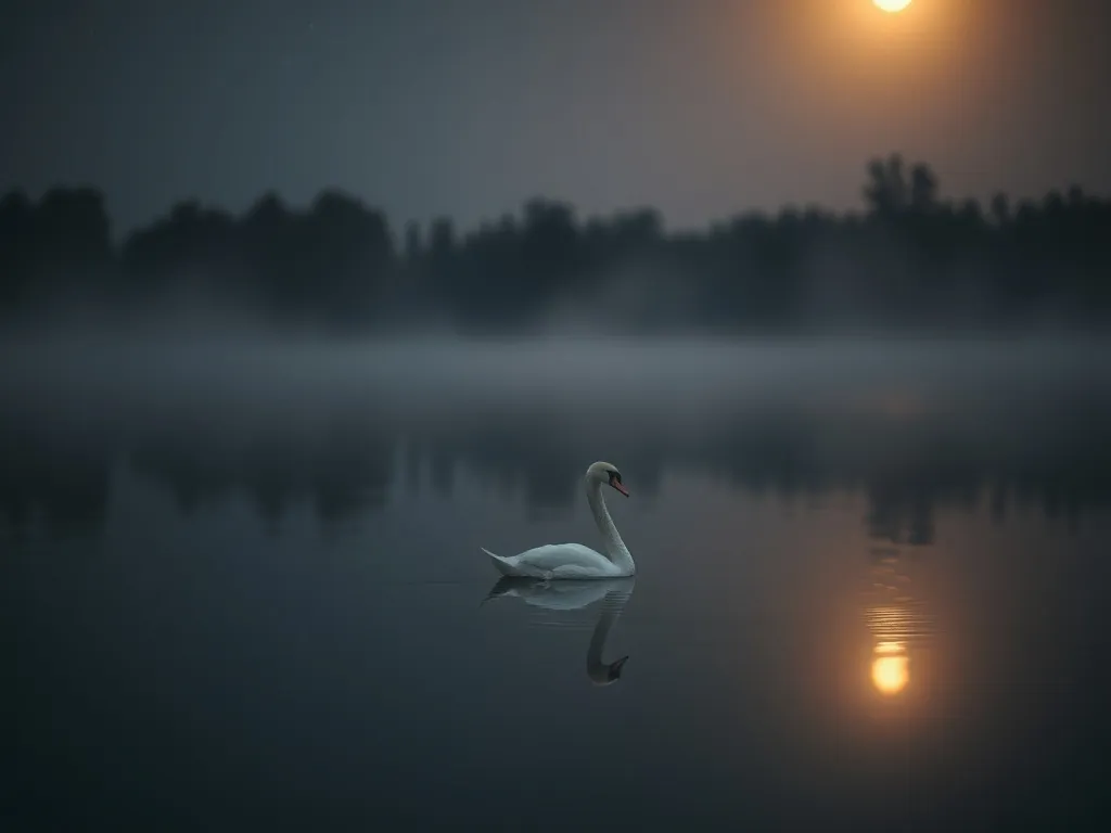 Biały łabędź płynie po ciemnym jeziorze o zmierzchu, w świetle księżyca, tworząc spokojną, senną i tajemniczą atmosferę.