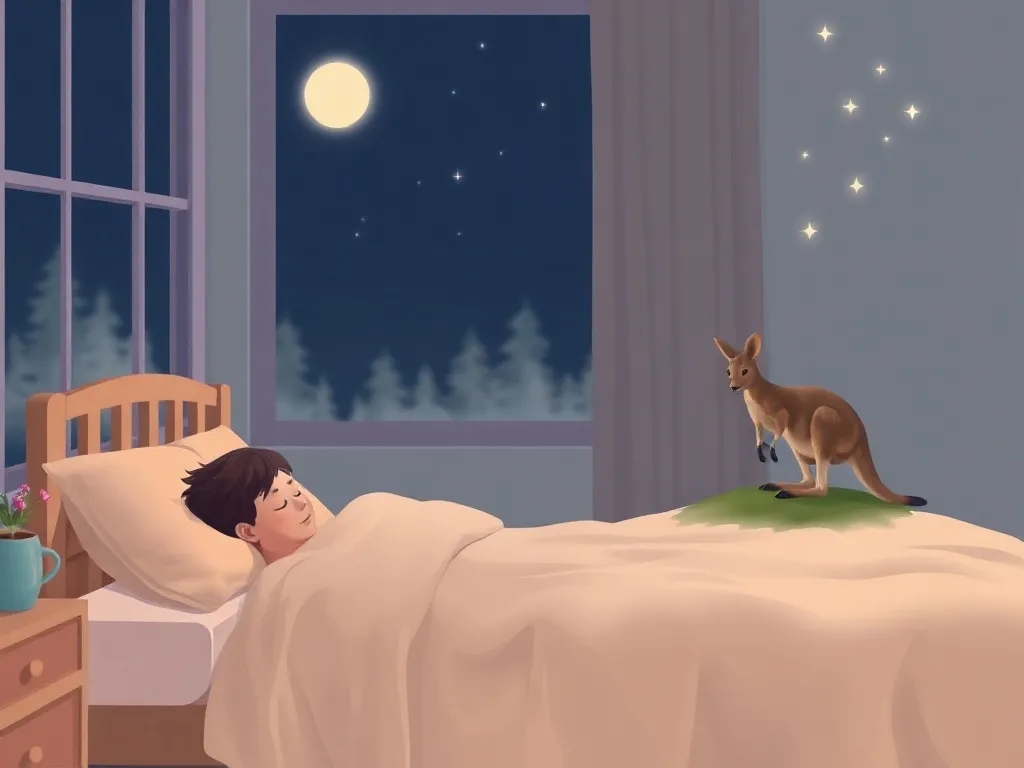 Spokojna sypialnia nocą, śpiąca osoba i łagodny, jak ze snu kangur czuwający obok, symbol ochrony i spokoju snu