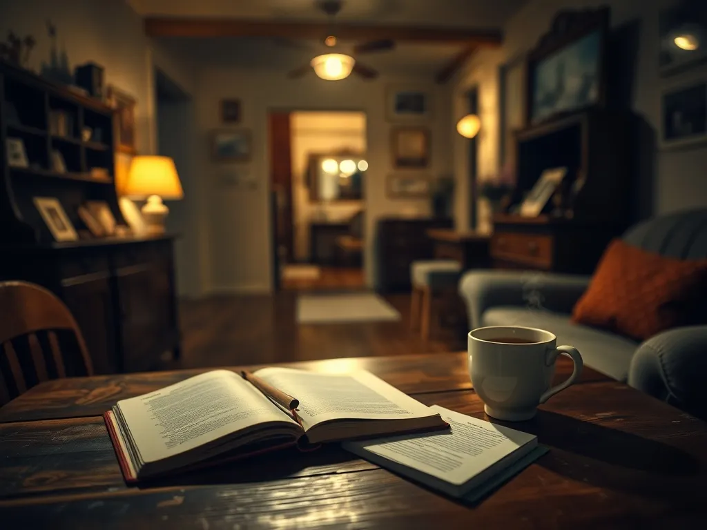 Przytulne wnętrze rodzinnego domu nocą, ciepłe światło lampy, herbata i notes na stole, nostalgiczna, senna atmosfera.