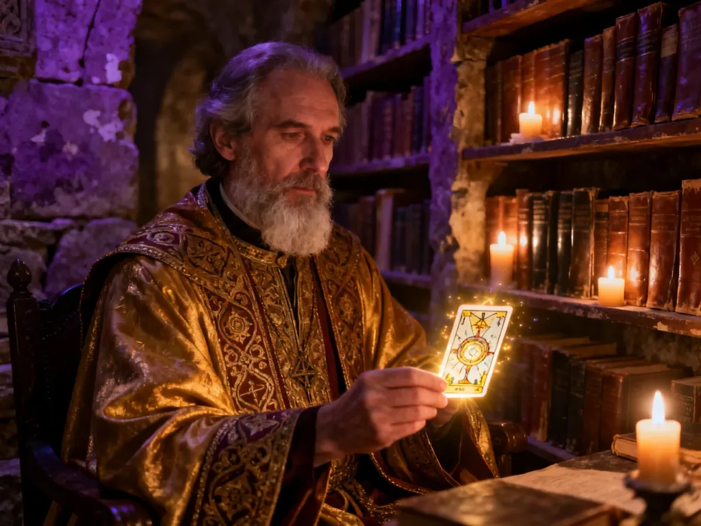Mędrzec w ceremonialnych szatach trzymający świecącą kartę tarota w nastrojowej, starożytnej bibliotece.
